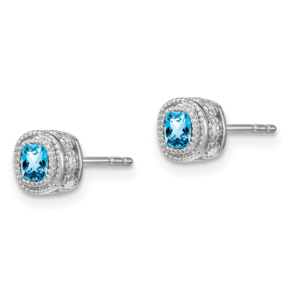 14k White Gold Cushion Blue Topaz and Diamond Earrings