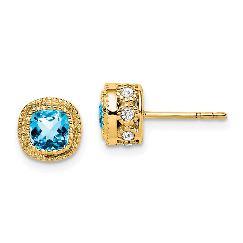 14k Cushion Blue Topaz and Diamond Earrings