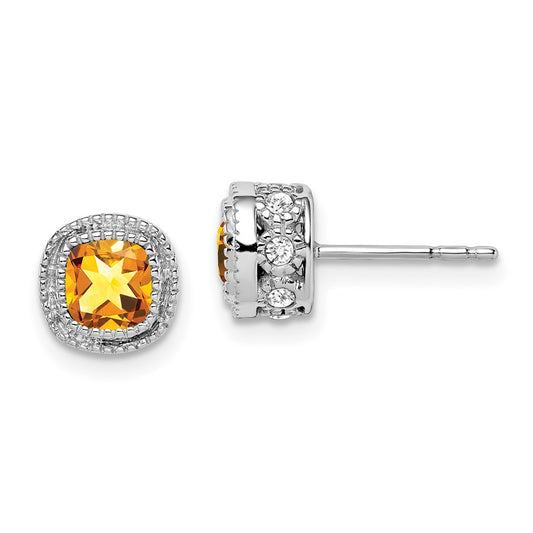 10k White Gold Cushion Citrine and Diamond Earrings