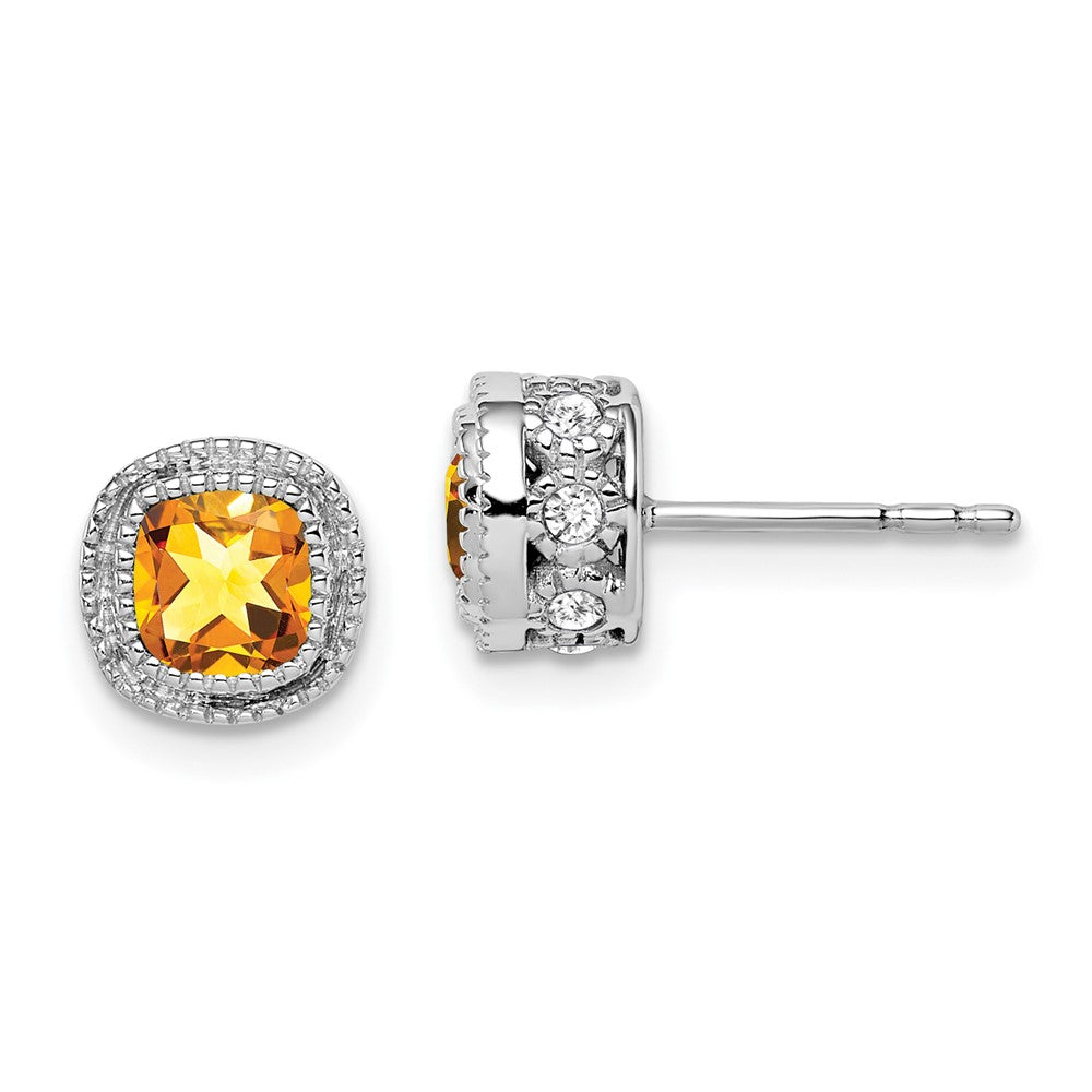 14k White Gold Cushion Citrine and Diamond Earrings
