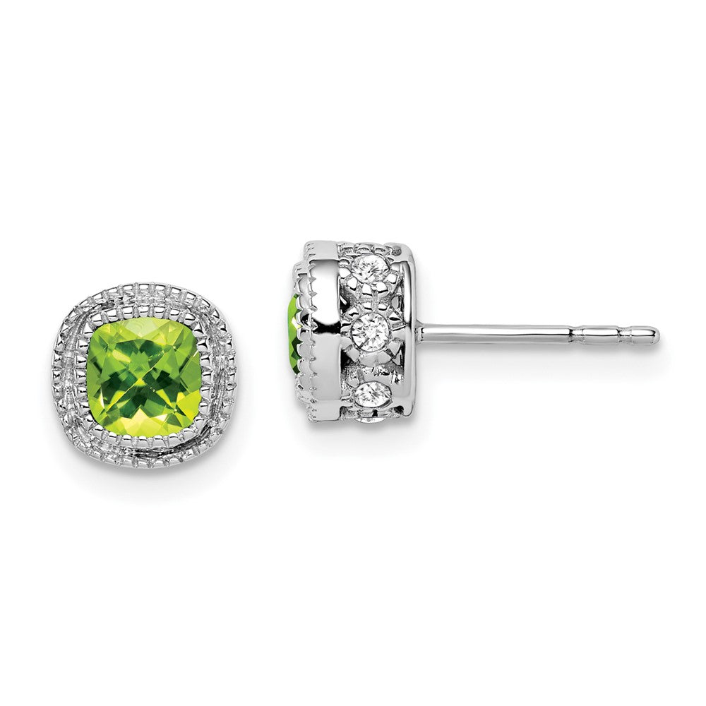 14k White Gold Cushion Peridot and Diamond Earrings