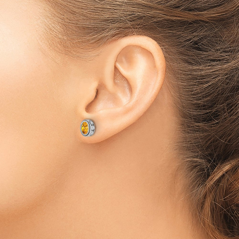 14k White Gold Oval Citrine and Diamond Earrings
