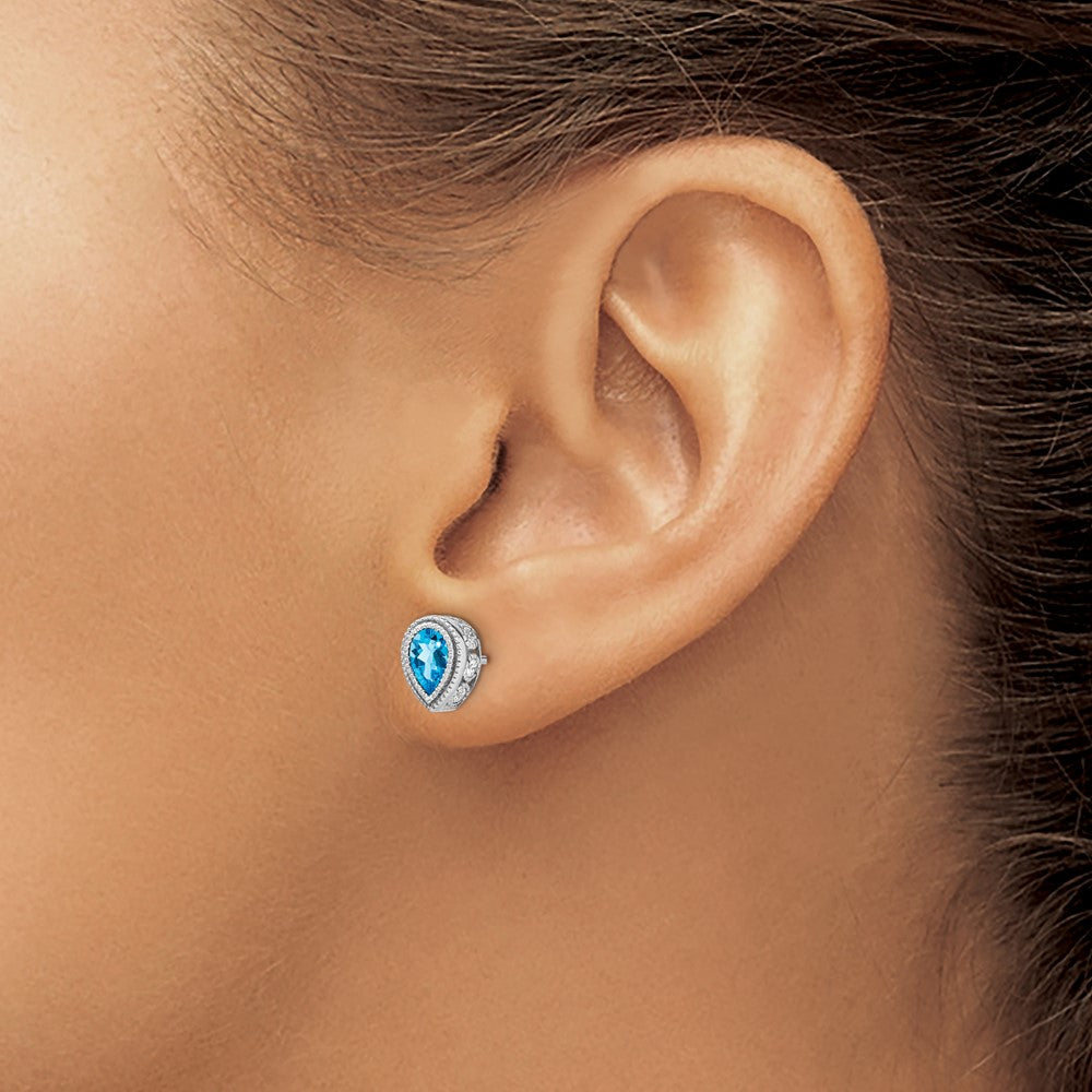 14k White Gold Pear Blue Topaz and Diamond Earrings