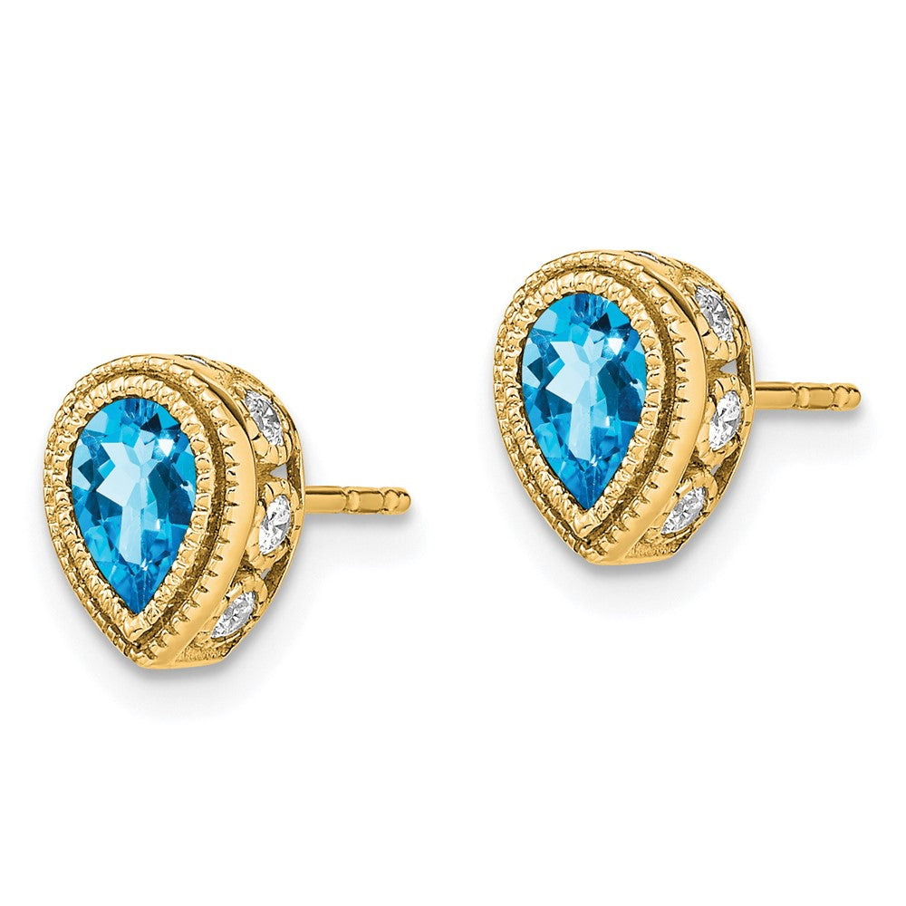 14k Pear Blue Topaz and Diamond Earrings