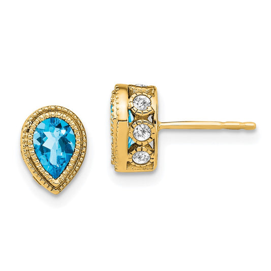 14k Pear Blue Topaz and Diamond Earrings