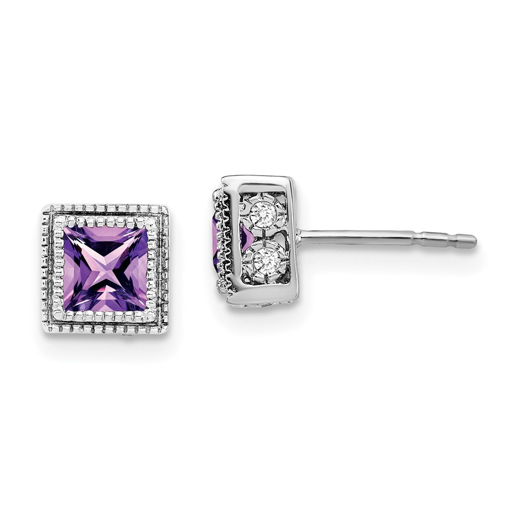 14k White Gold Square Amethyst and Diamond Earrings