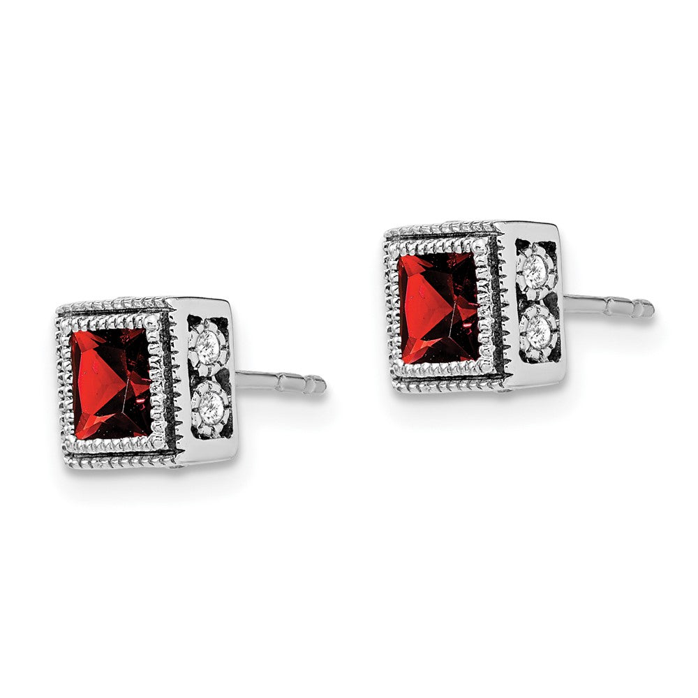 14k White Gold Square Garnet and Diamond Earrings