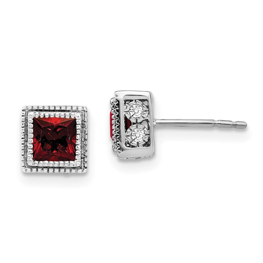 14k White Gold Square Garnet and Diamond Earrings