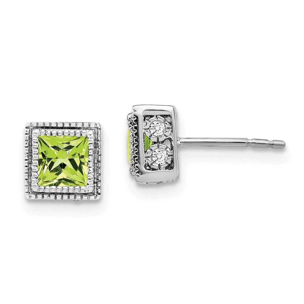 14k White Gold Square Peridot and Diamond Earrings