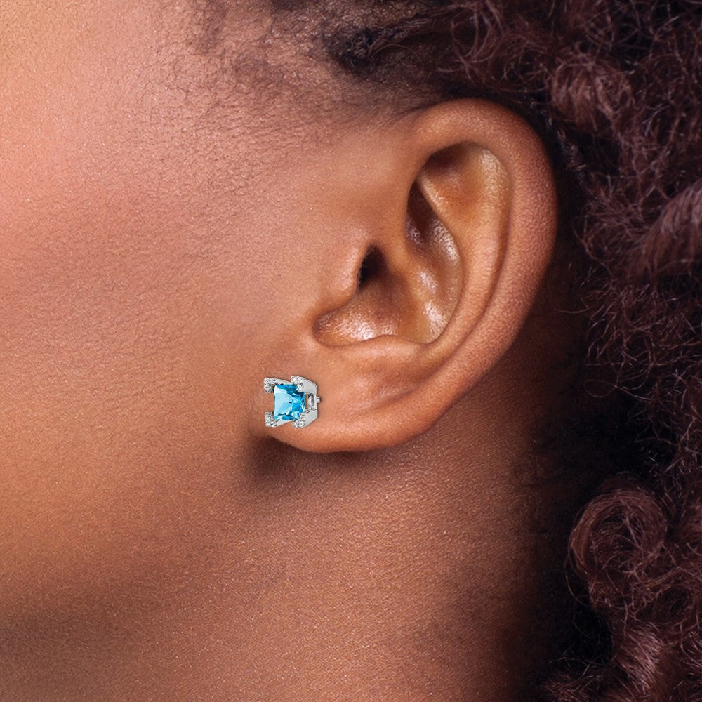 14k White Gold Square Blue Topaz and Diamond Earrings