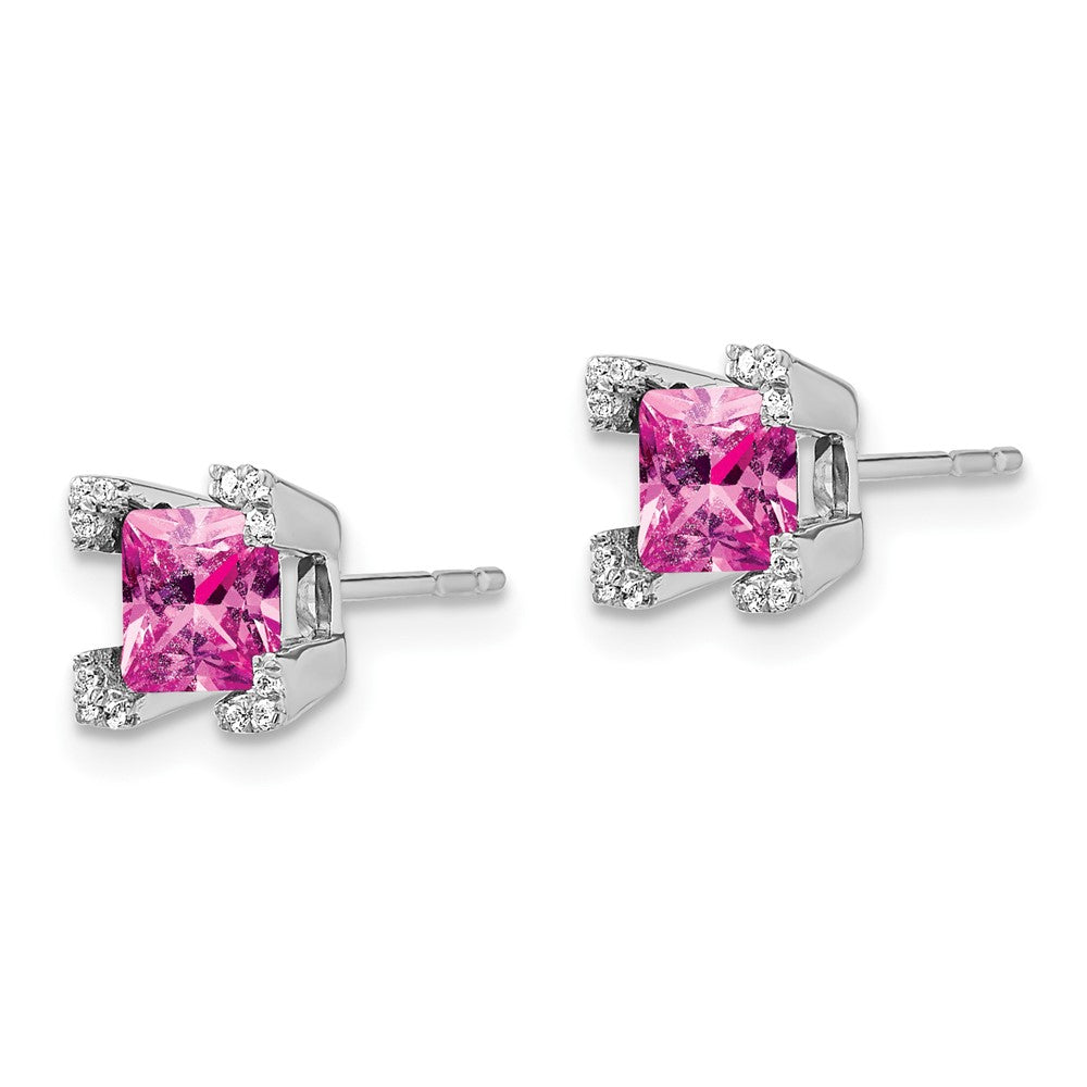 14k White Gold Square Created Pink Sapphire and Diamond Earrings
