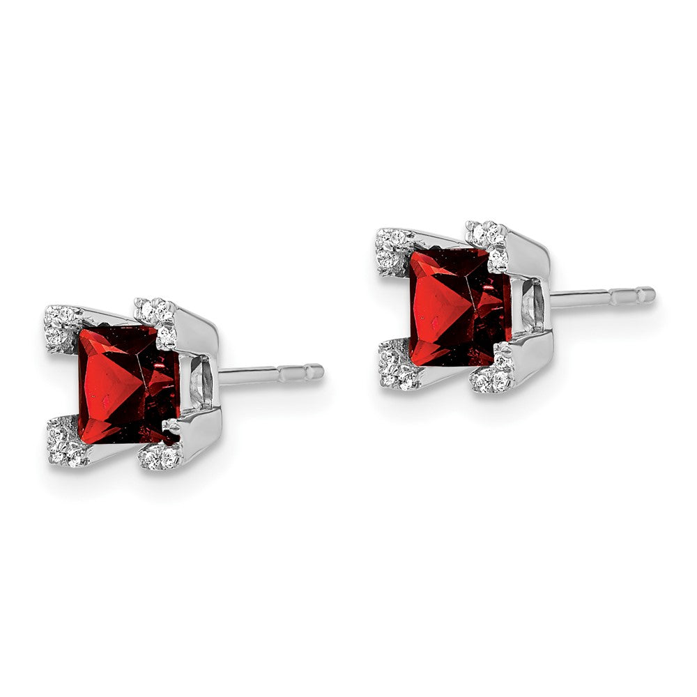 14k White Gold Square Garnet and Diamond Earrings