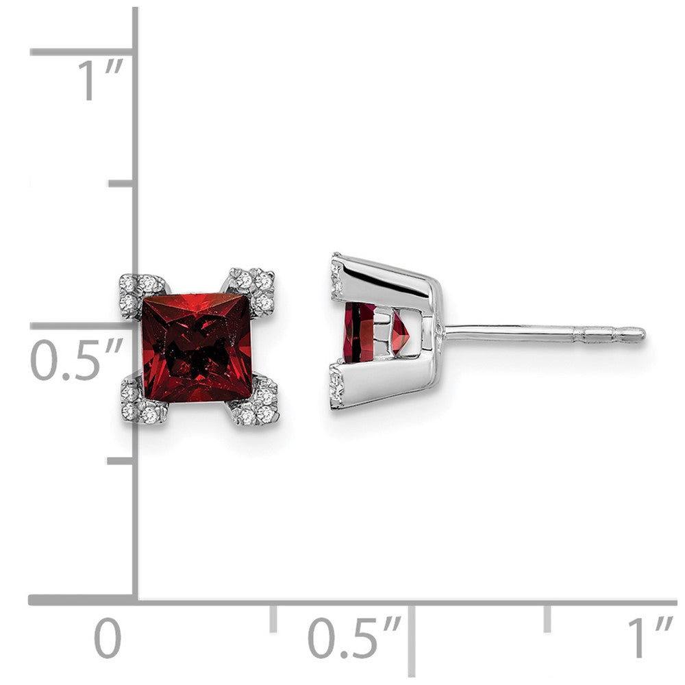 14k White Gold Square Garnet and Diamond Earrings