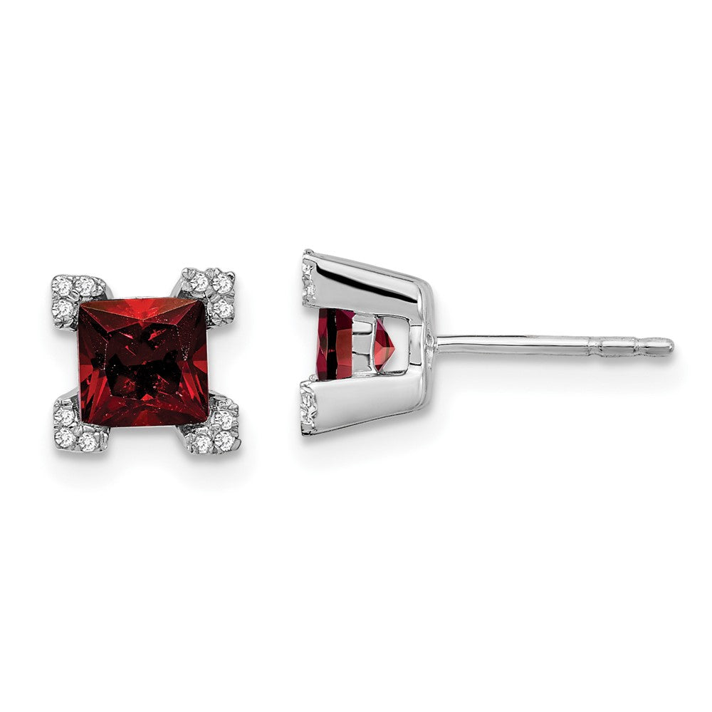 14k White Gold Square Garnet and Diamond Earrings