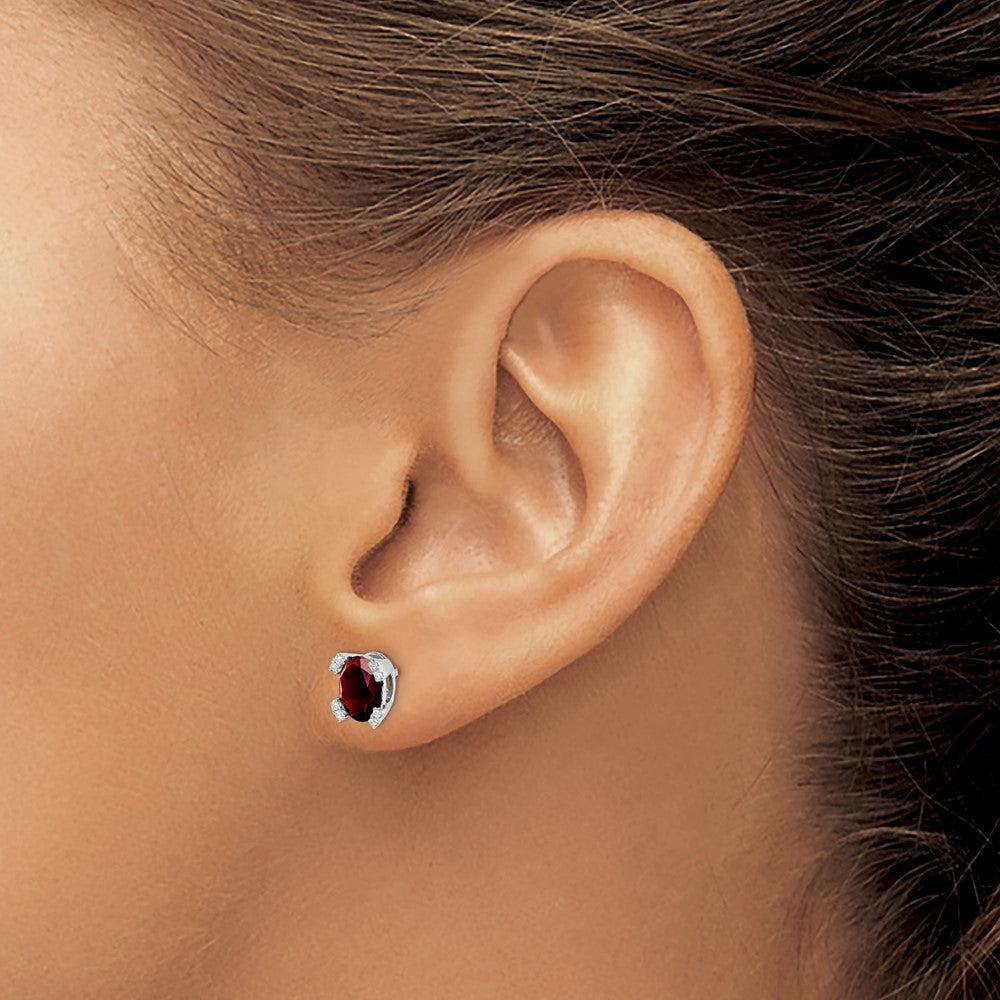 14k White Gold Oval Garnet and Diamond Earrings