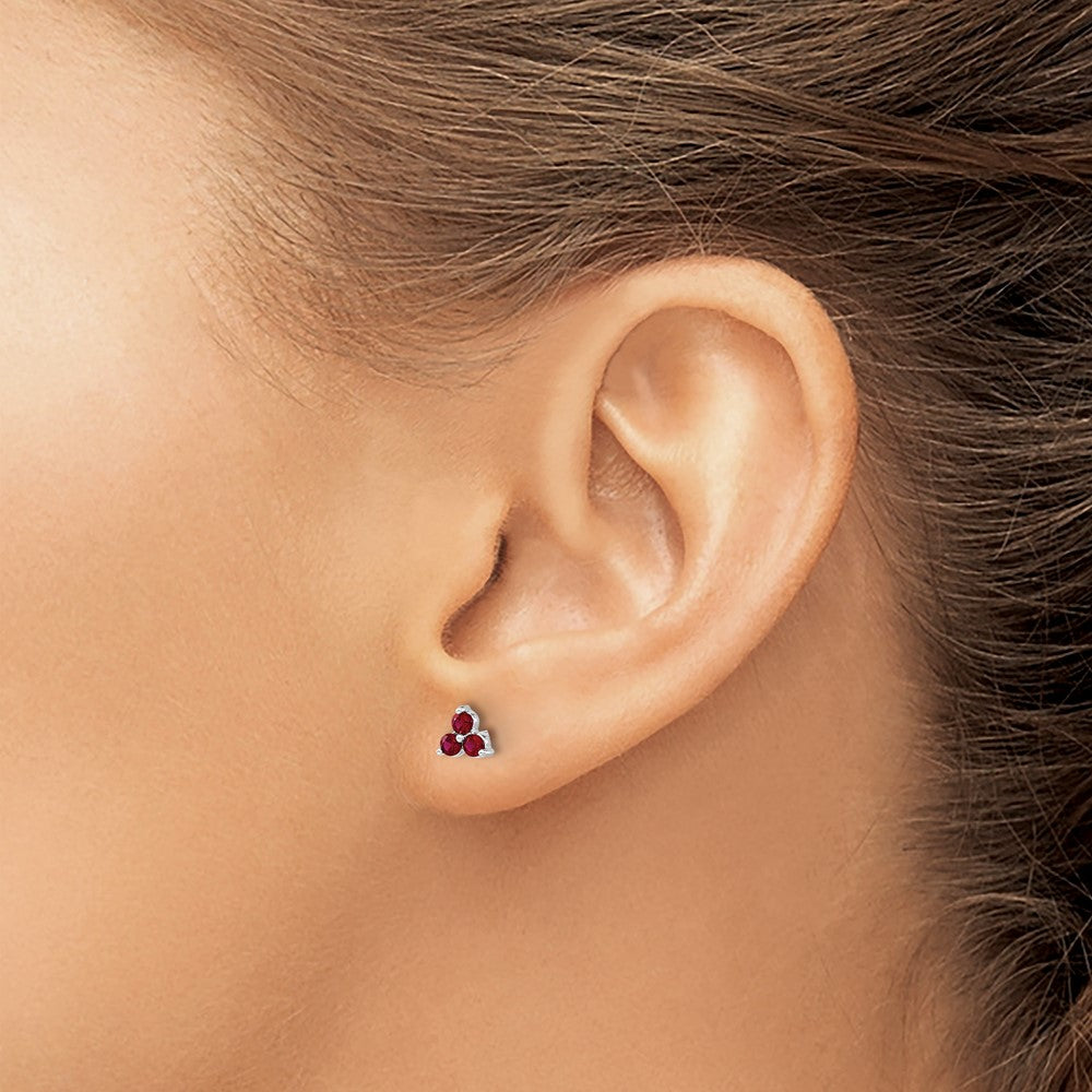 14k White Gold 3-stone Created Ruby Triangle Earrings