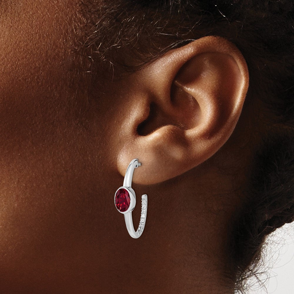 14k White Gold Oval Created Ruby and Diamond J-Hoop Earrings