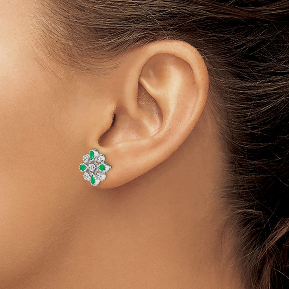 14k White Gold Emerald and Diamond Post Earrings