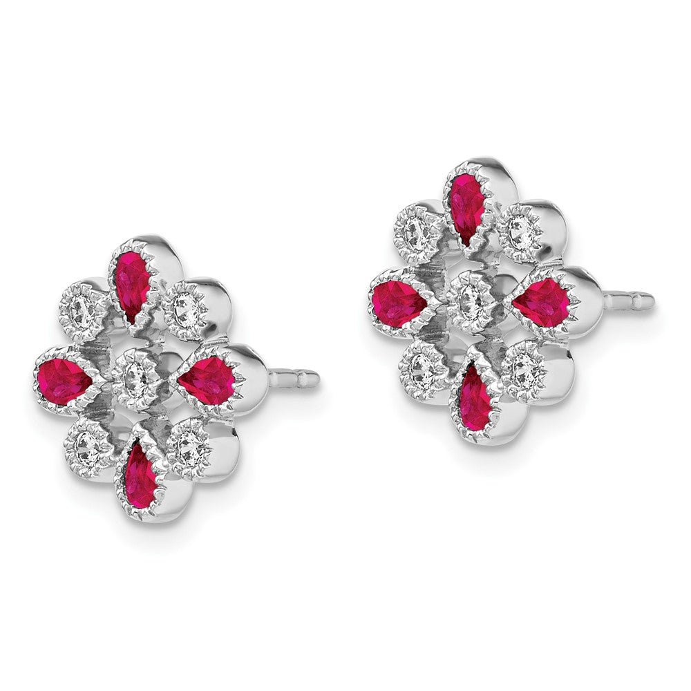 14k White Gold Ruby and Diamond Post Earrings