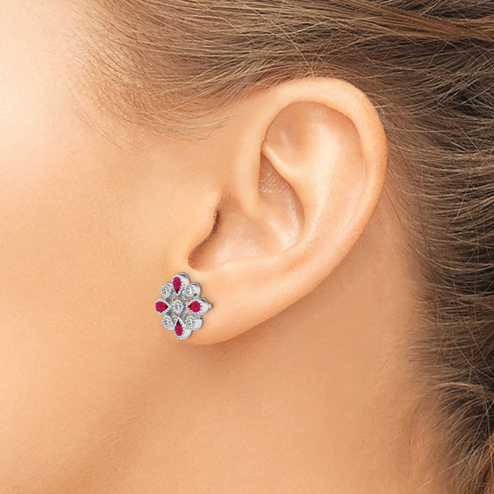 14k White Gold Ruby and Diamond Post Earrings