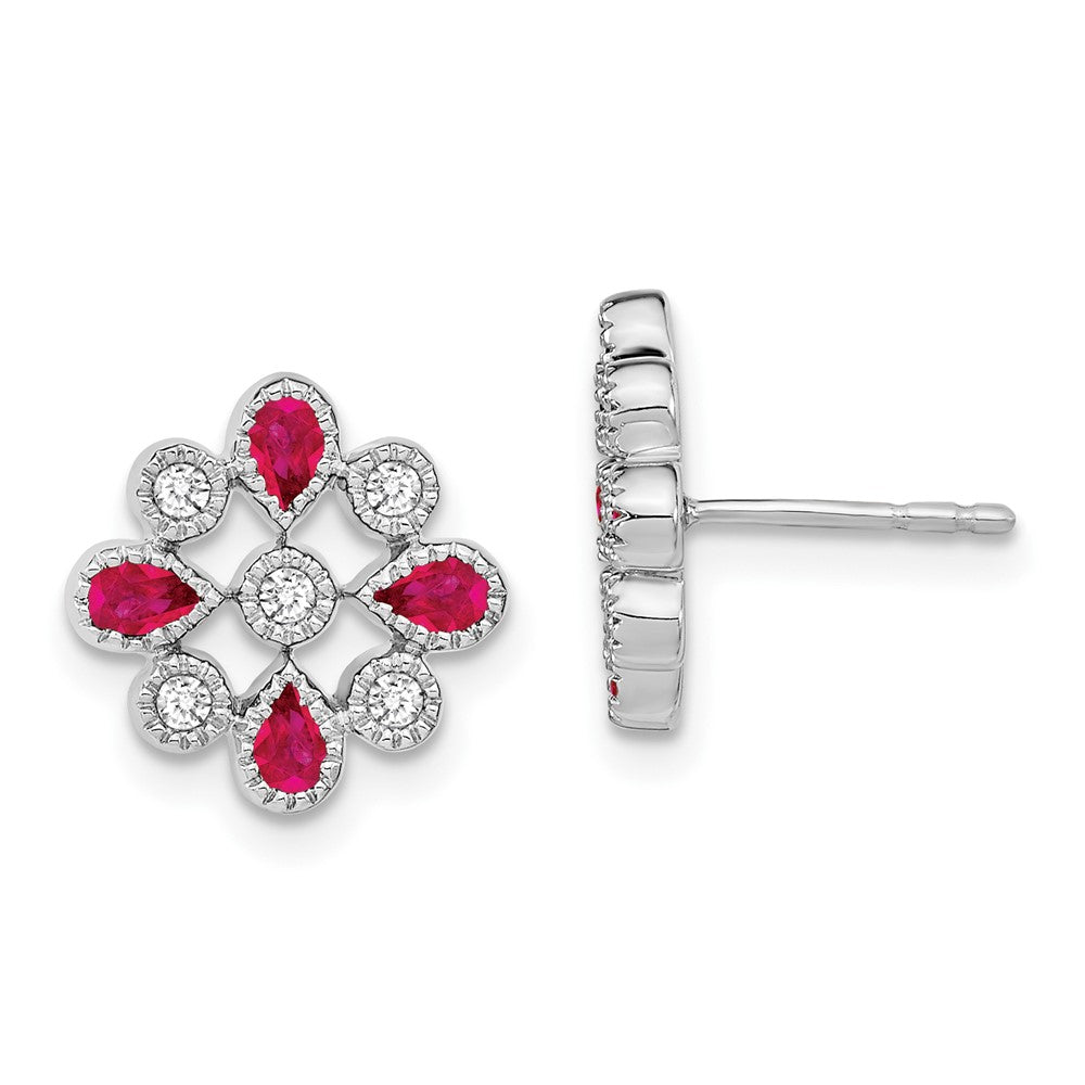 14k White Gold Ruby and Diamond Post Earrings