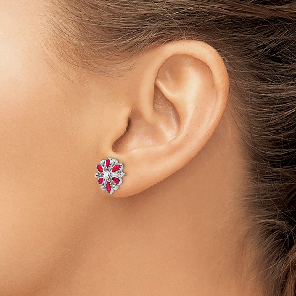 14k White Gold Ruby and Diamond Post Earrings