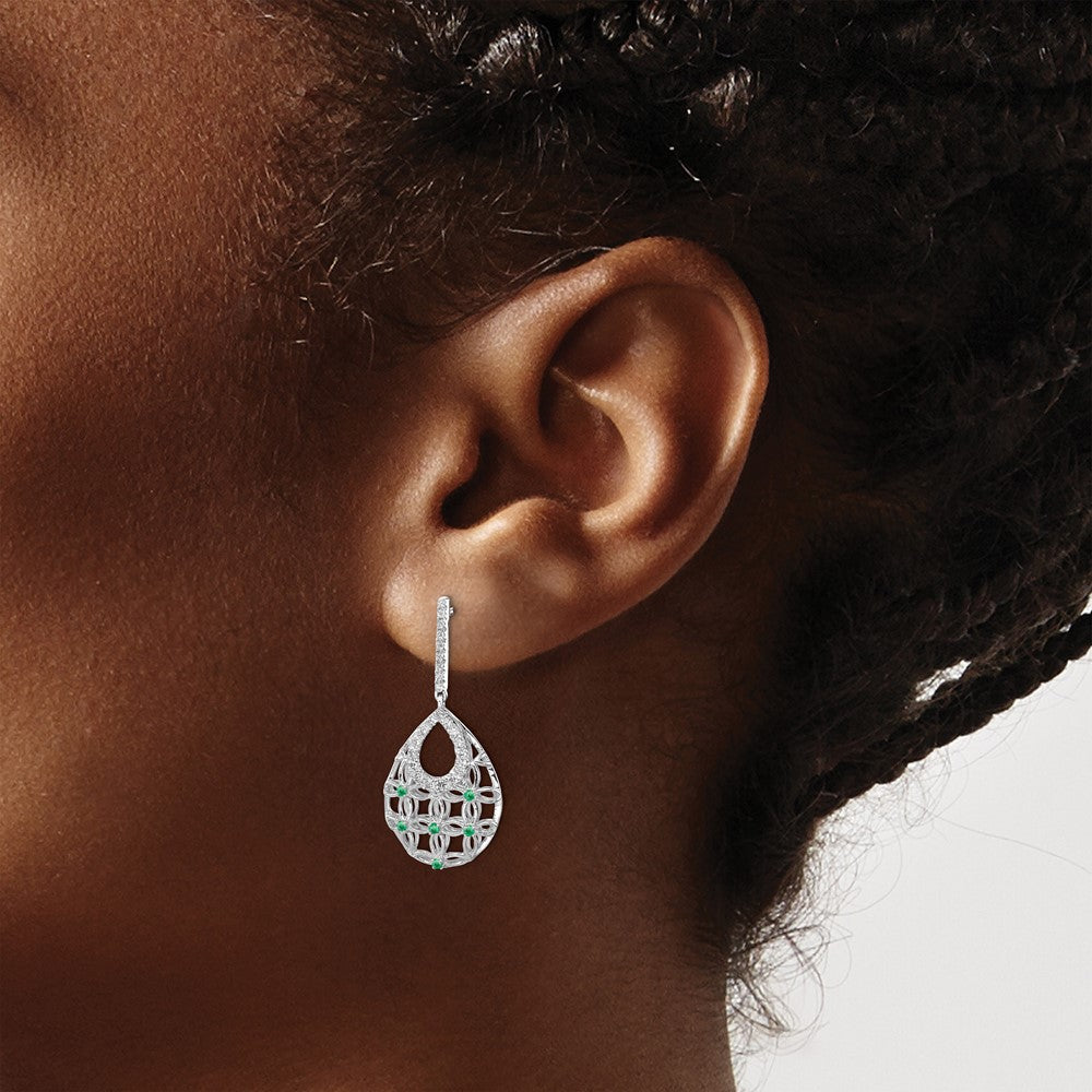 14k White Gold Emerald and Diamond Dangle Earrings