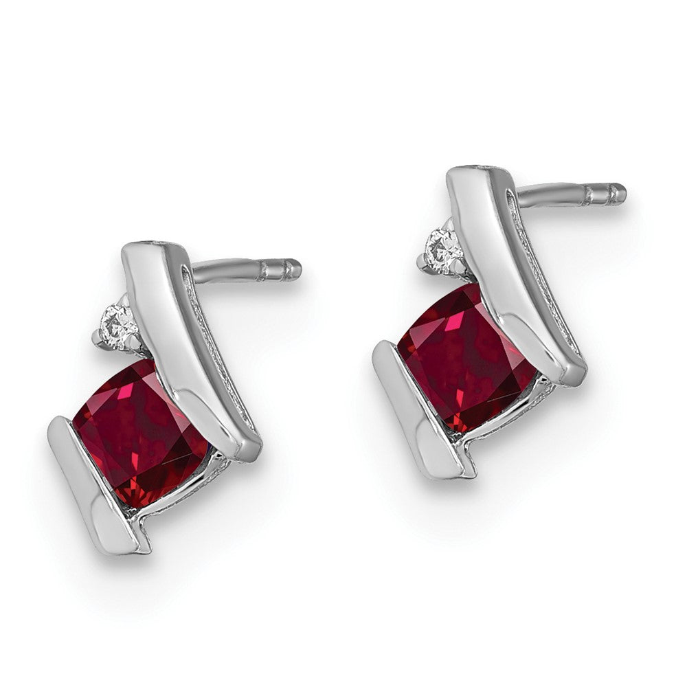 14K White Gold Cushion Cr. Ruby and Diamond Earrings