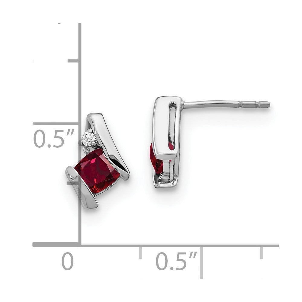 14K White Gold Cushion Cr. Ruby and Diamond Earrings