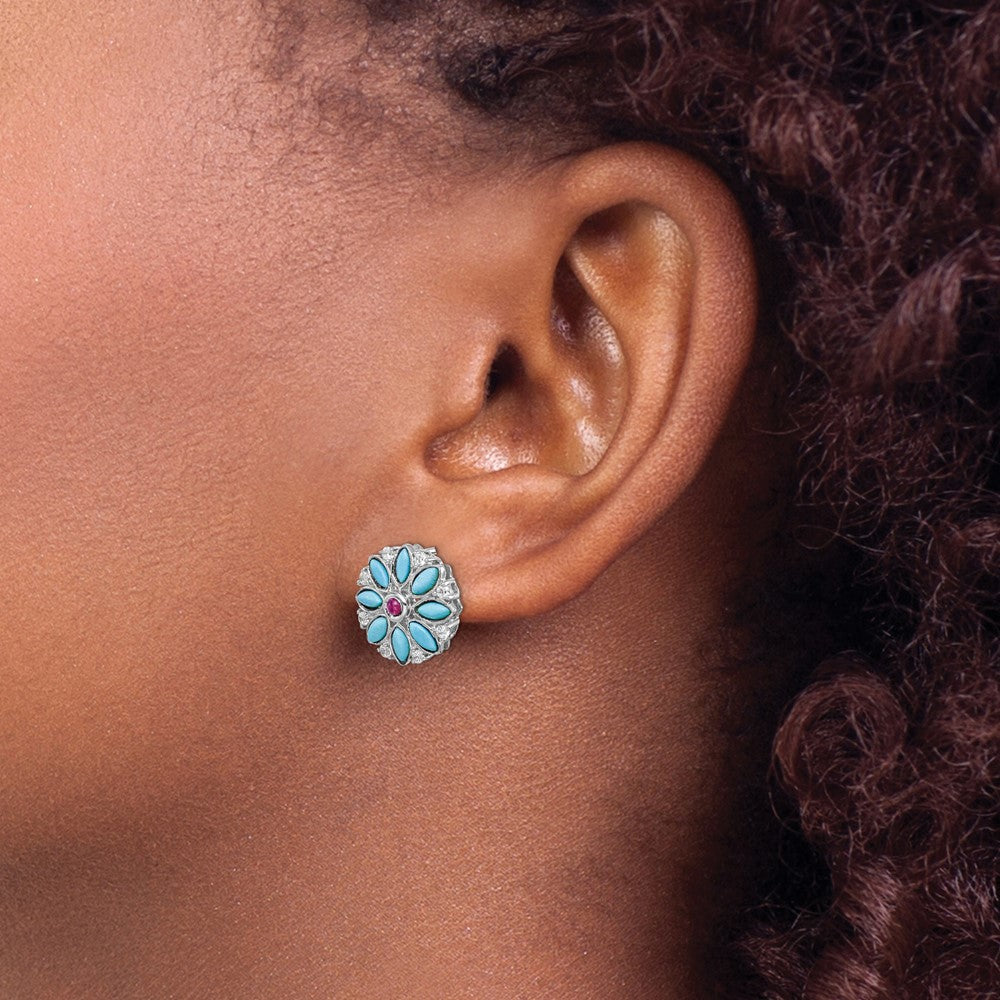 14k White Gold Turquoise/Creat. Ruby/Wht. Topaz Floral Earrings