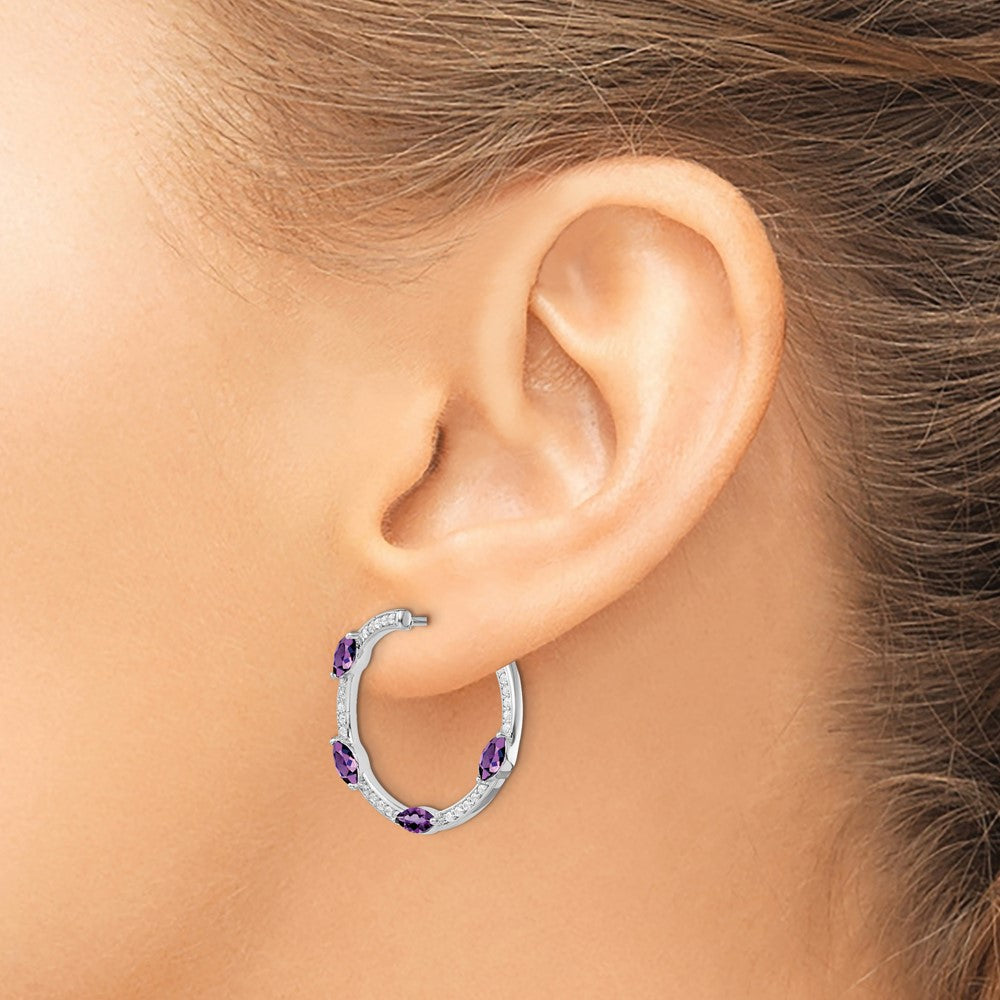 14k White Gold Amethyst and Diamond Hoop Earrings