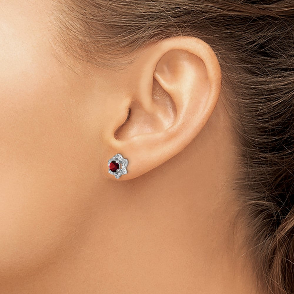 14k White Gold Garnet and Diamond Post Earrings