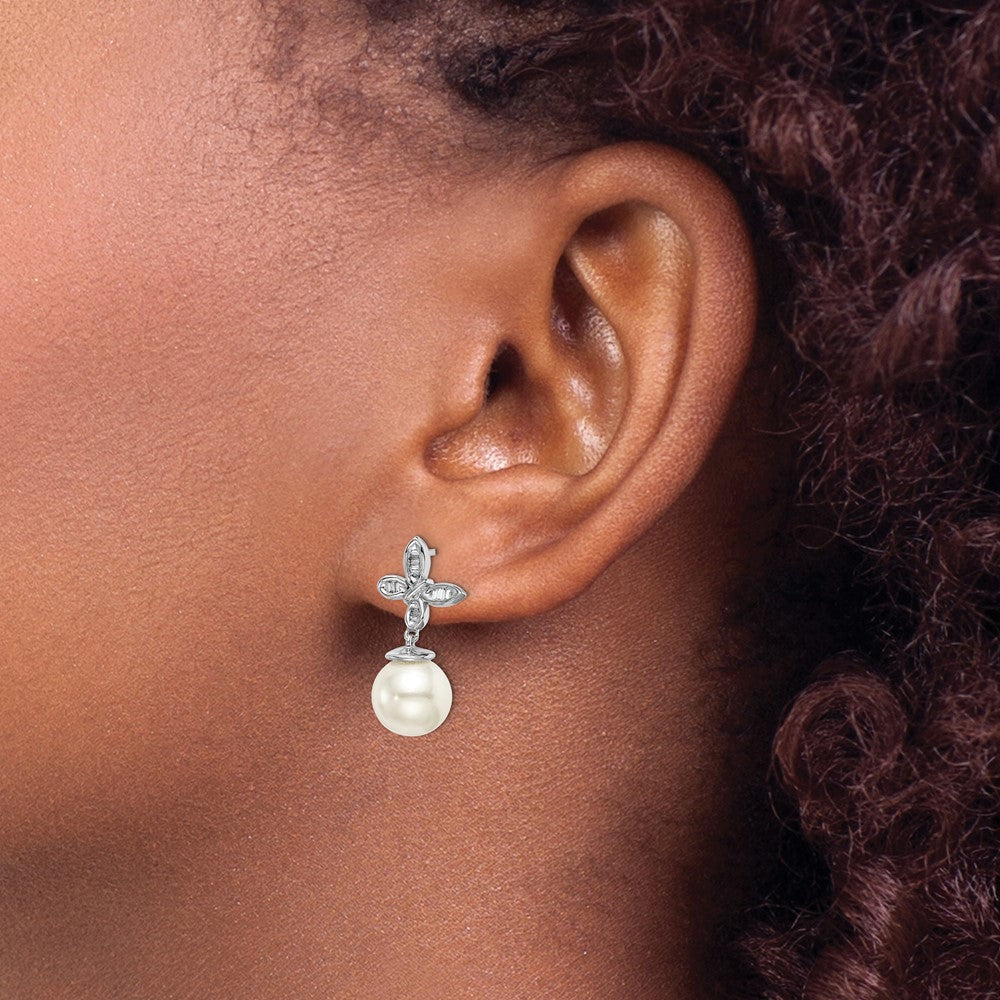 14k White FWC Pearl and Diamond Butterfly Post Earrings