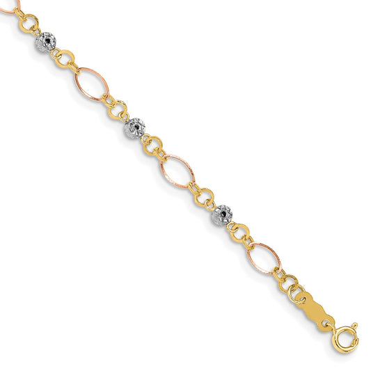14k Tri-color Polished Diamond-cut Ovals & Donut Beads Bracelet