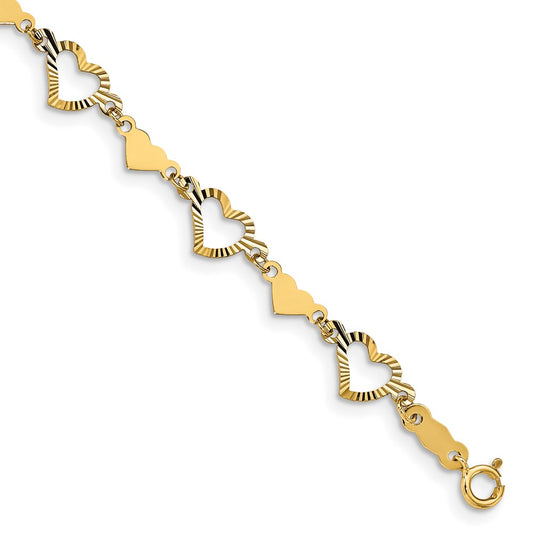 14k Yellow Gold Polished Diamond-cut Open & Stamp Heart Bracelet