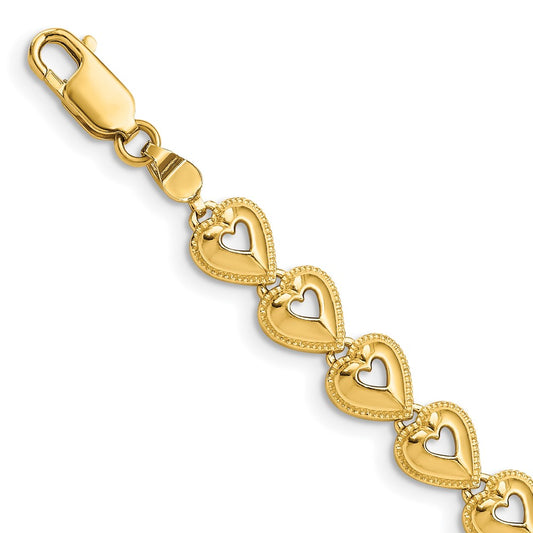 14K Polished Beaded Hearts Bracelet