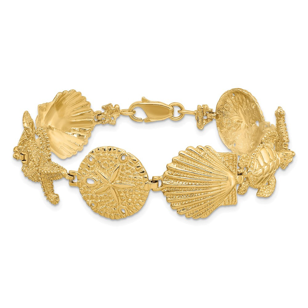 14k Polished Sand Dollar, Starfish, Turtle Link Bracelet