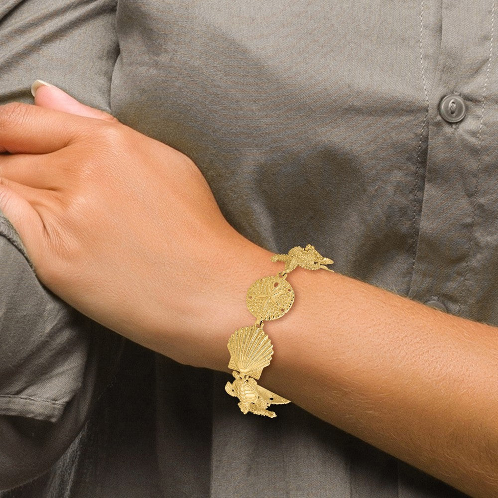 14k Polished Sand Dollar, Starfish, Turtle Link Bracelet