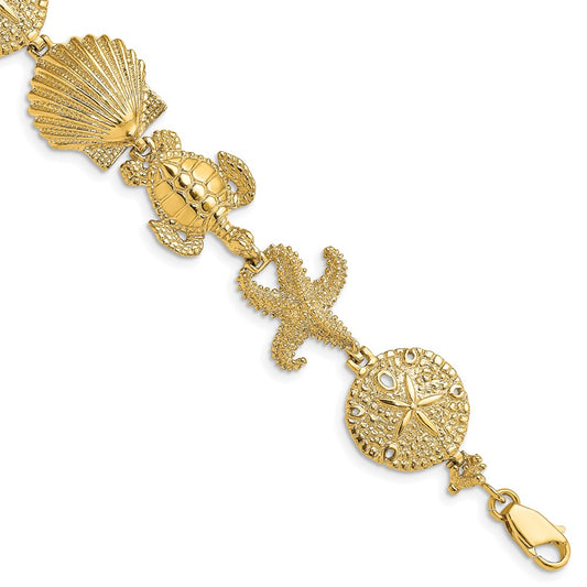 14k Polished Sand Dollar, Starfish, Turtle Link Bracelet