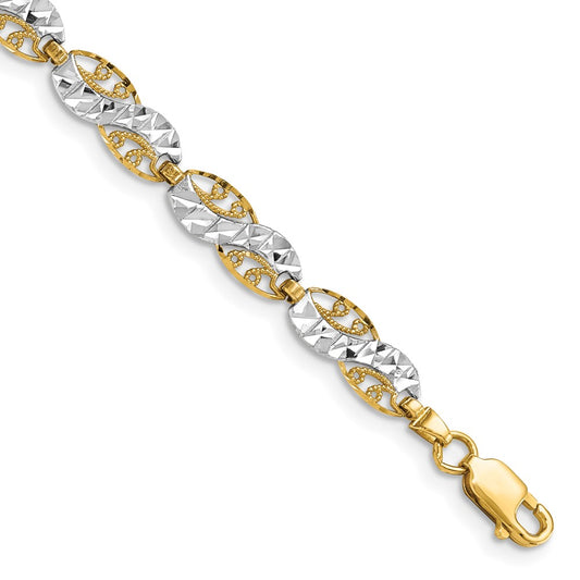 14K and White Rhodium Diamond-Cut Filigree Link Bracelet