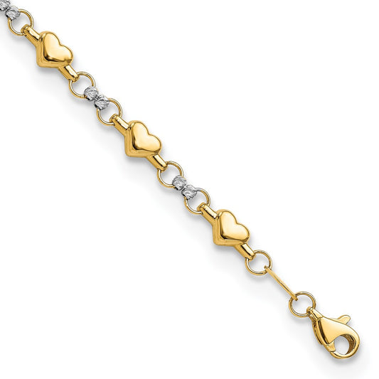 14K Two-tone Polished D/C Heart 7.5in Bracelet