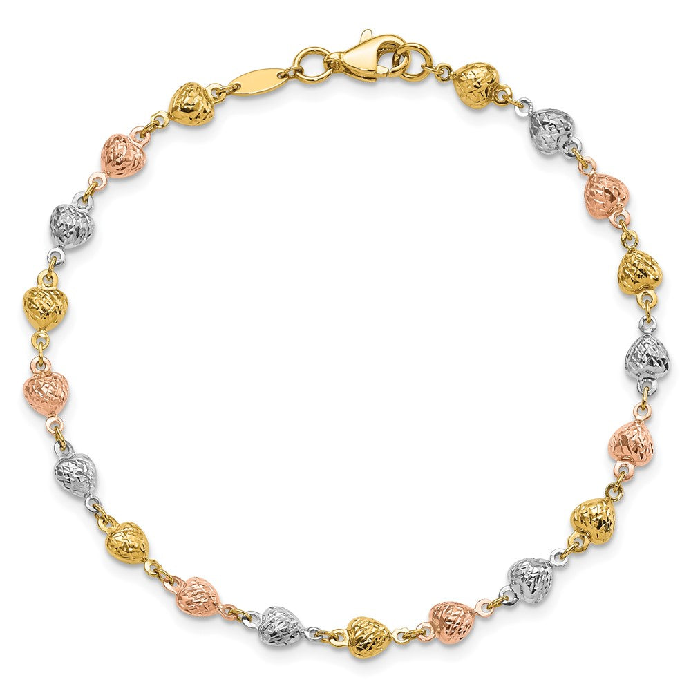 14K Tri-color Polished Diamond-Cut Hearts 7.5in Bracelet