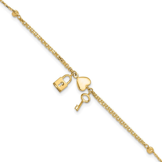 14K Polished and Diamond-cut Heart Lock and Key w/ .5in ext. Bracelet