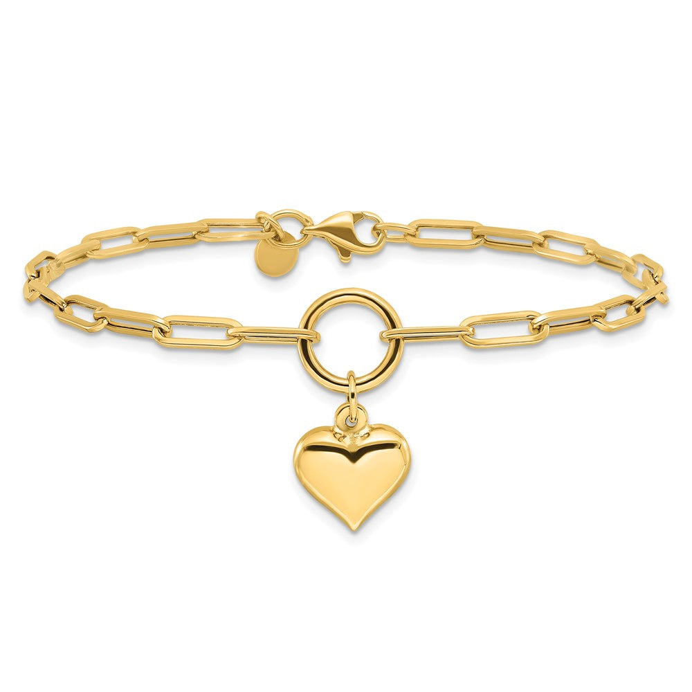 14K Polished Puff Heart Paper Clip Link Bracelet