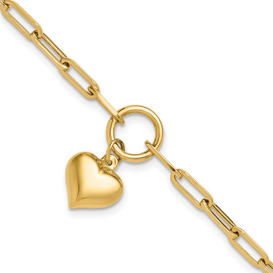 14K Polished Puff Heart Paper Clip Link Bracelet