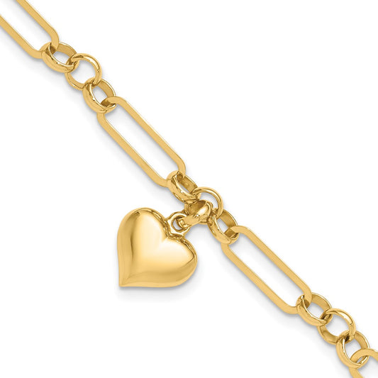14K Polished Heart Charm Bracelet
