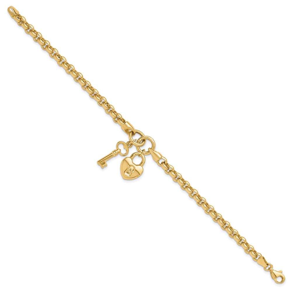 14K Polished Heart Lock and Key Bracelet