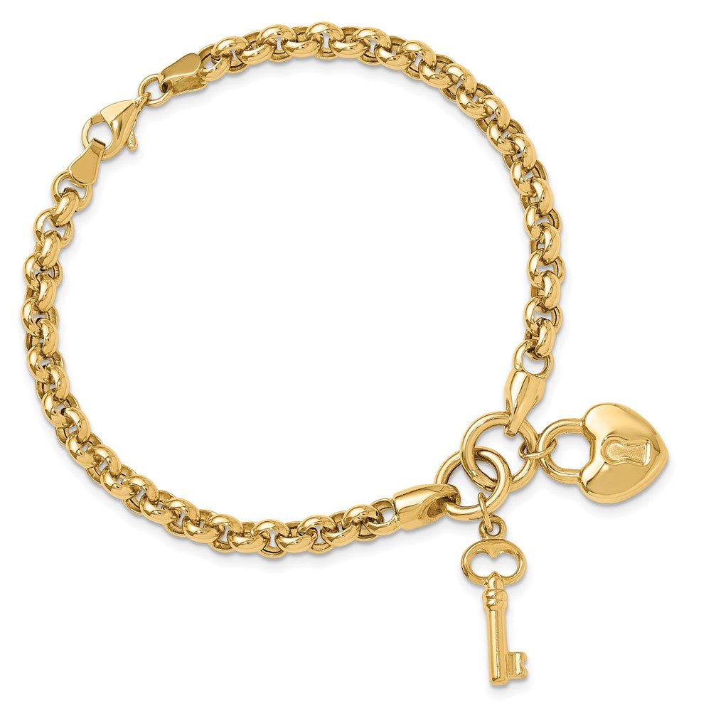14K Polished Heart Lock and Key Bracelet