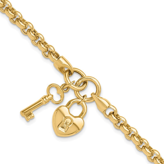 14K Polished Heart Lock and Key Bracelet