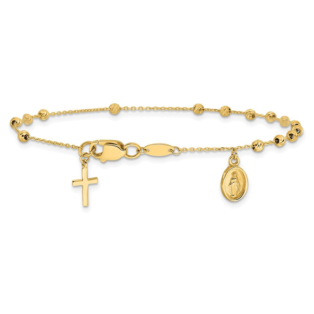 14K Polished and Diamond-cut Virgin Mary Medal and Cross Rosary Design Brace
